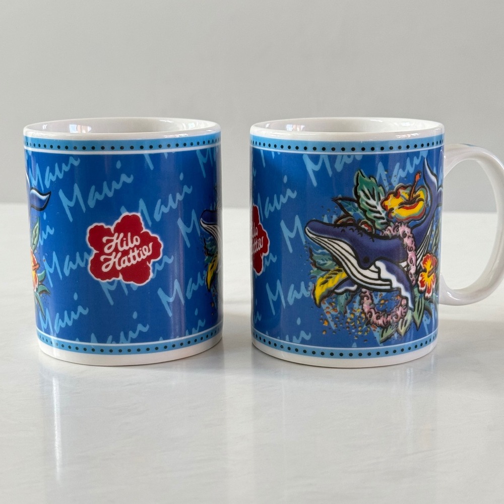 Vintage Hilo Hattie Maui Coffee Mugs Set of 2 Whale Blue Hawaiian Lei 2002 Aloha